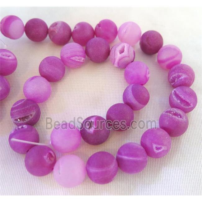 Frosted Agate Druzy Bead, round, hotpink