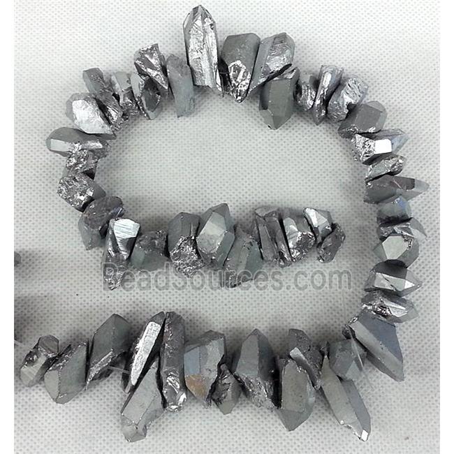 clear quartz bead, freeform chips, silver-grey, electroplated