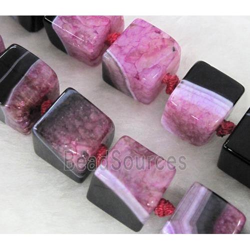 Agate Druzy beads, cube, hotpink