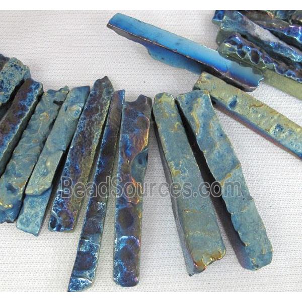 rock agate stone bead, stick, blue electroplated