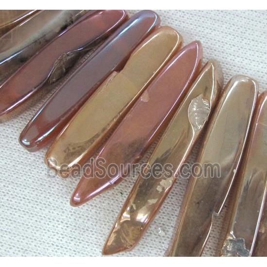 rock agate stone beads, polished, stick, pink electroplated