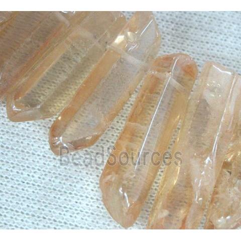 clear quartz bead, stick, freeform, gold champagne electroplated