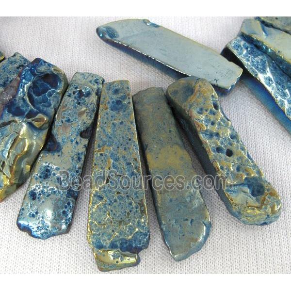 Rock Agate stone bead, stick, blue electroplated