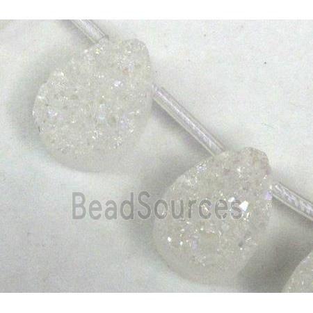 Agate Druzy beads, teardrop, white AB-Color electroplated