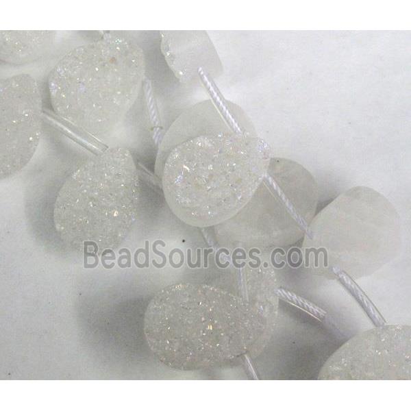 Agate Druzy beads, teardrop, white AB-Color electroplated