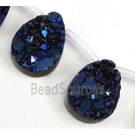 Agate Druzy beads, teardrop, blue electroplated