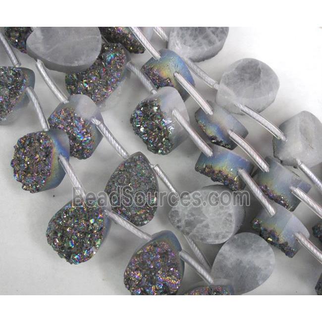 Agate Druzy beads, teardrop, rainbow electroplated