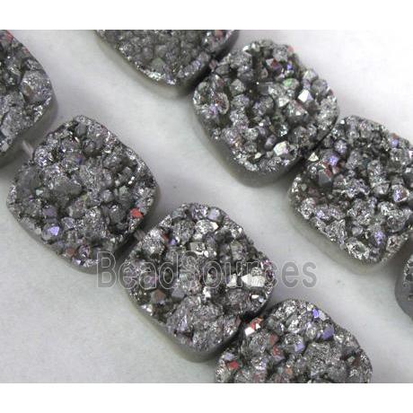 agate druzy beads, square, silver electroplated