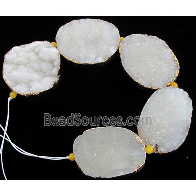 white druzy quartz beads, gold plated