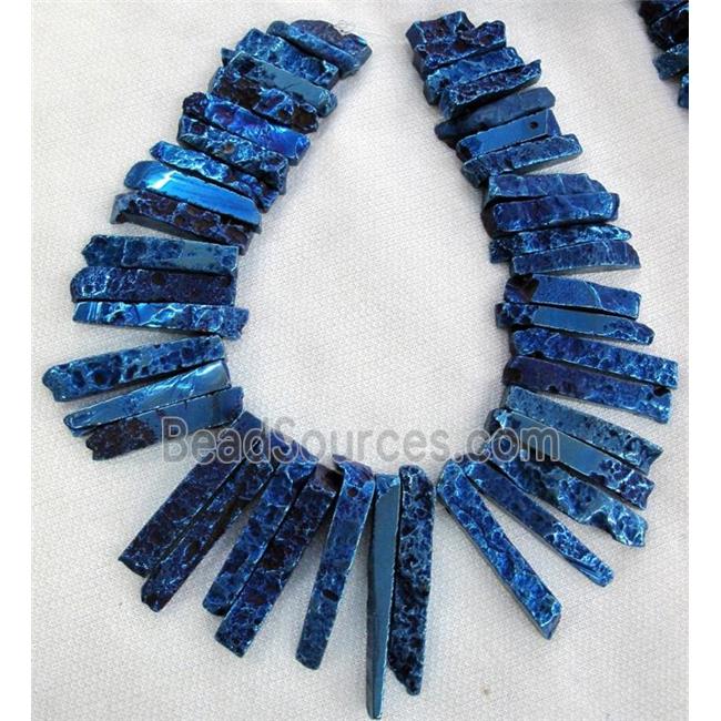 Rock Agate stick beads, blue electroplated