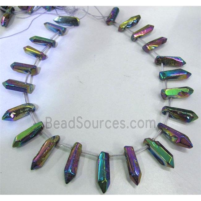 clear quartz stick bead, rainbow electroplated