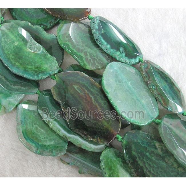 green agate beads, faceted slab, freeform