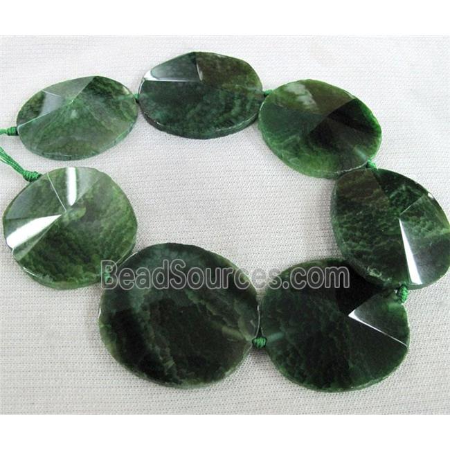 point agate slice beads, green, flat-round