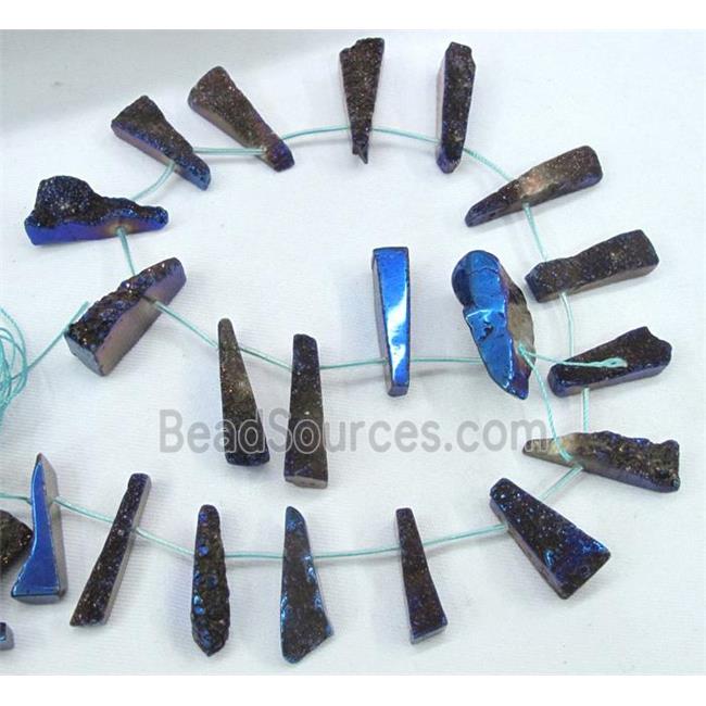 agate druzy beads, freeform stick, blue electroplated