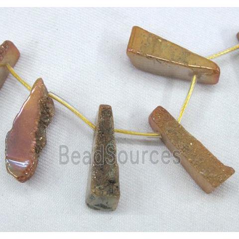 agate druzy beads, freeform stick, pink electroplated