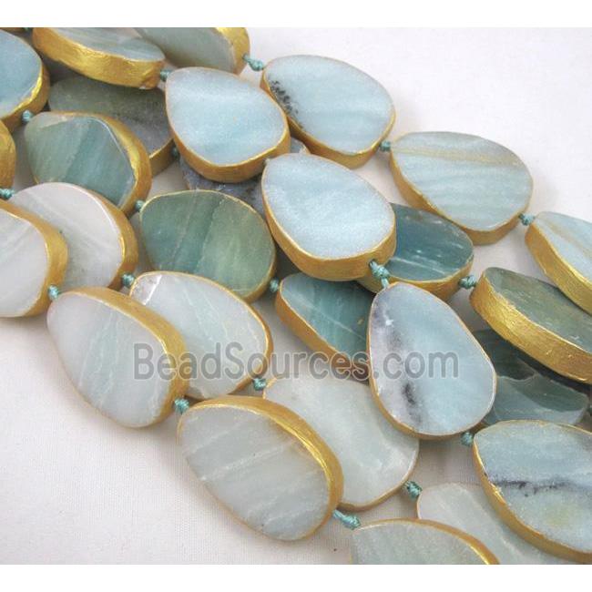 Amazonite teardrop beads, dark-gold plated