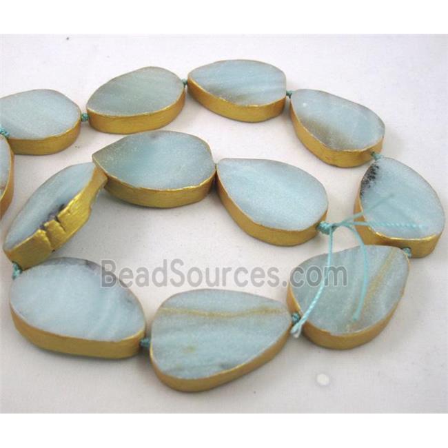 Amazonite teardrop beads, dark-gold plated