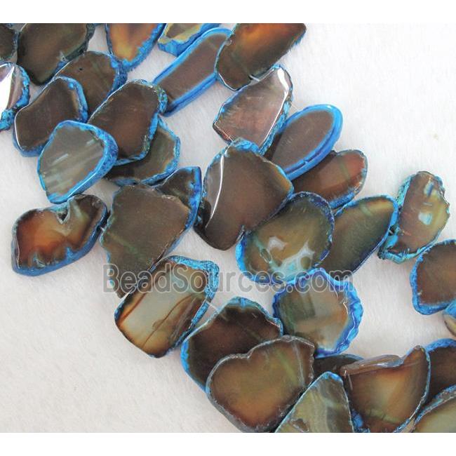 agate beads, freeform slice, coffee and blue