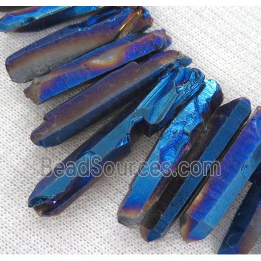 Clear Quartz Bead, stick, blue electroplated