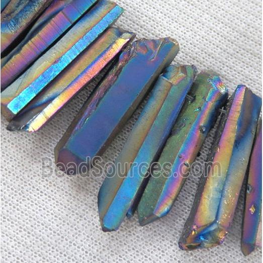 Clear Quartz Bead, stick, rainbow electroplated