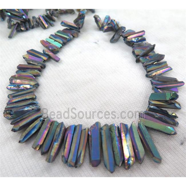 Clear Quartz Bead, stick, rainbow electroplated