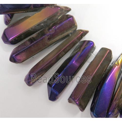 Clear Quartz Bead, stick, purple electroplated, polished