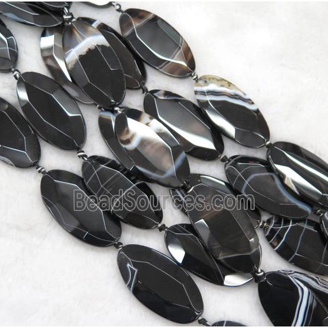 black agate beads, faceted oval