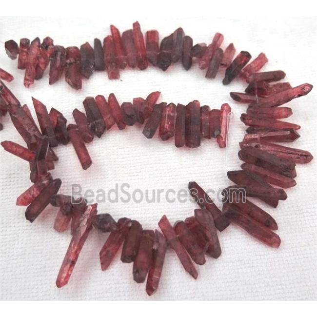 clear quartz beads, stick. freeform, red dyed