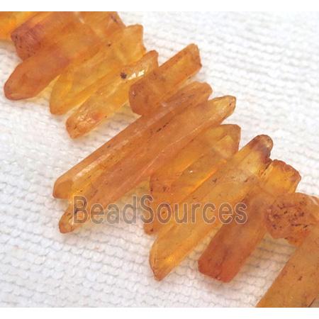 clear quartz beads, stick. freeform, orange dyed