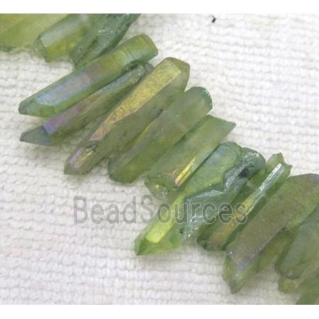 clear quartz beads, stick. freeform, green-AB color