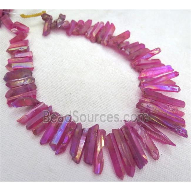 clear quartz beads, stick. freeform, hotpink AB-color