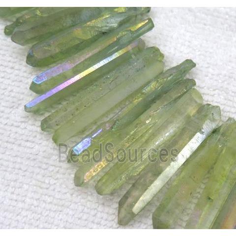 clear quartz stick beads, freeform, green AB-color