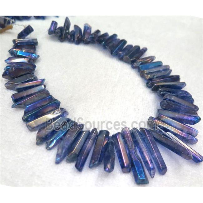 polished Clear Quartz stick beads, freeform, blue