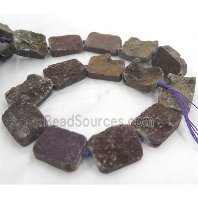 druzy quartz bead, rectangle, purple electroplated