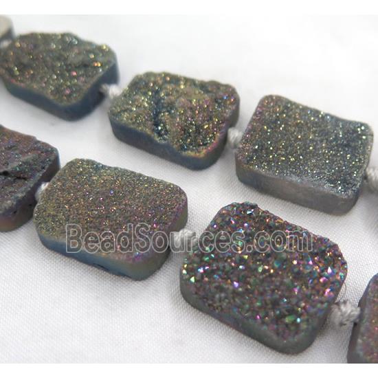 druzy quartz beads, rectangle, rainbow electroplated