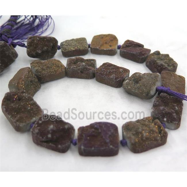 druzy quartz bead, rectangle, purple electroplated