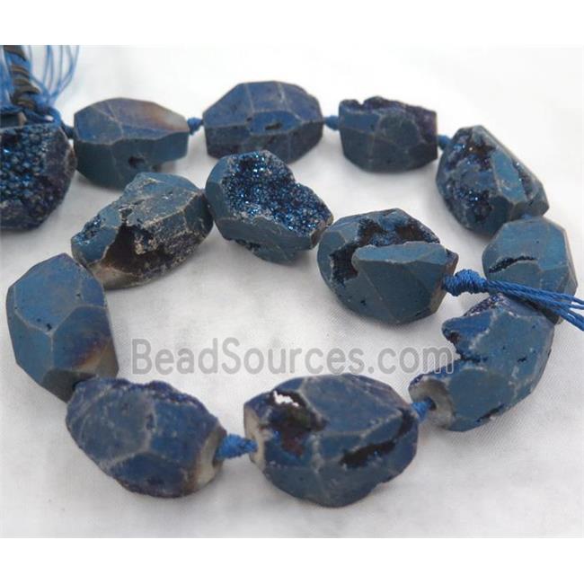 agate druzy beads, freeform, blue electroplated