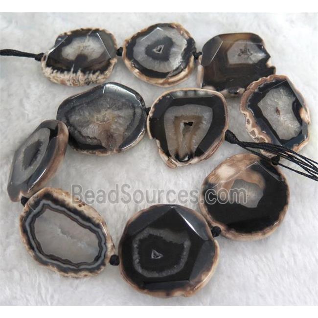 white druzy agate slab beads, freeform, black