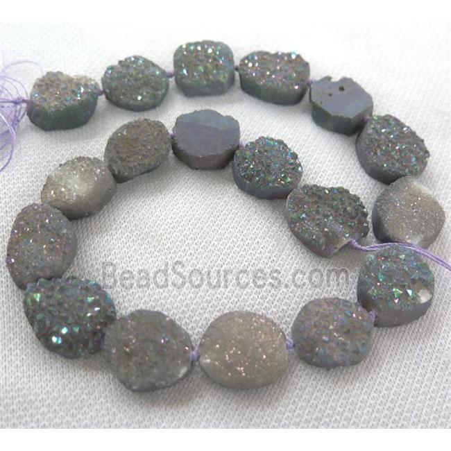 druzy quartz bead, freeform, gray rainbow electorplated