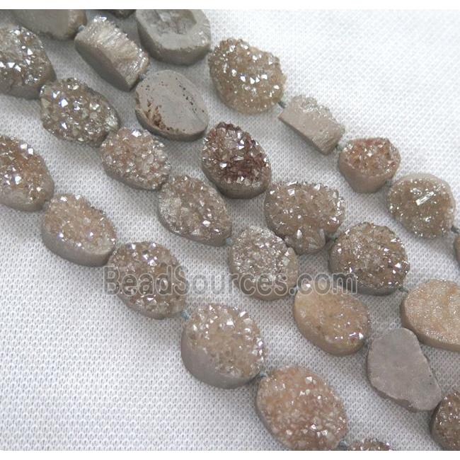 druzy quartz bead, freeform, gray silver electroplated