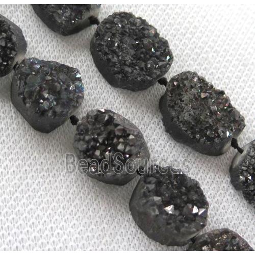 druzy quartz bead, freeform, black electroplated