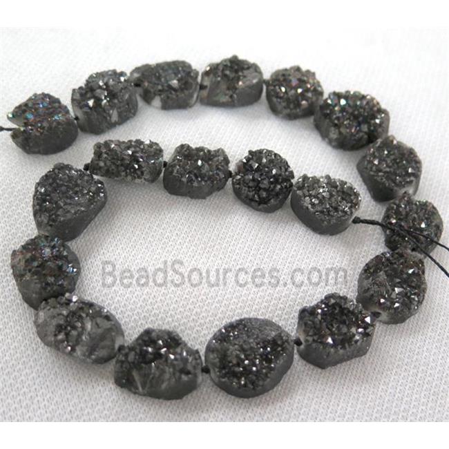 druzy quartz bead, freeform, black electroplated