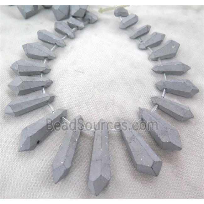 matte Clear Quartz Bullet Beads, top-drilled, silver electroplated