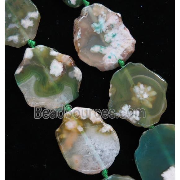 green Cherry Agate slice beads, flat freeform