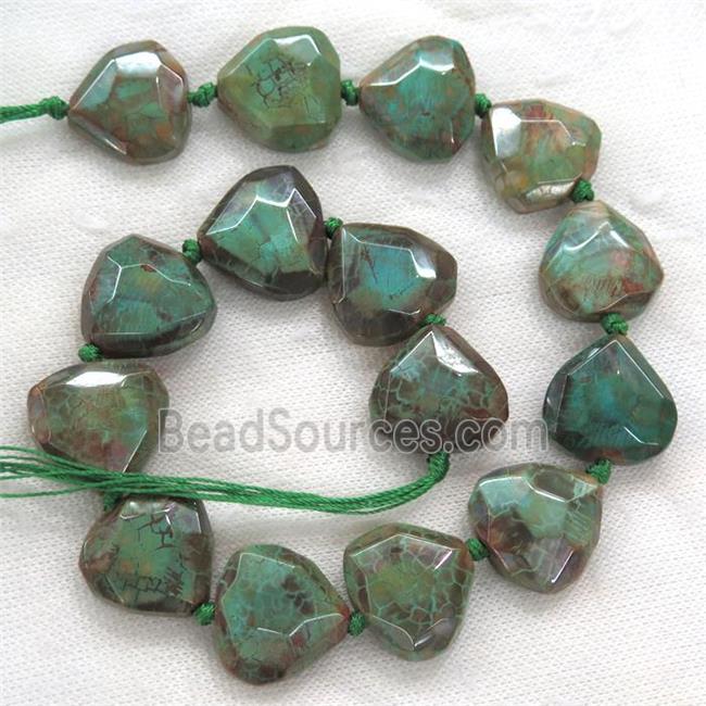 peacock green Dragonveins Agate beads, faceted heart