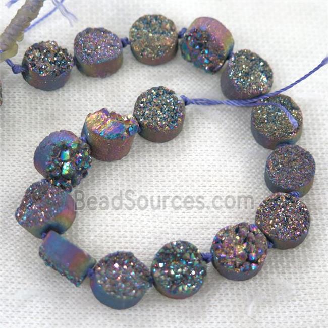 rainbow druzy quartz beads, flat-round