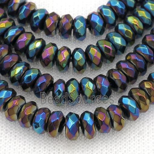 black Onyx agate beads, faceted rondelle, rainbow electroplated