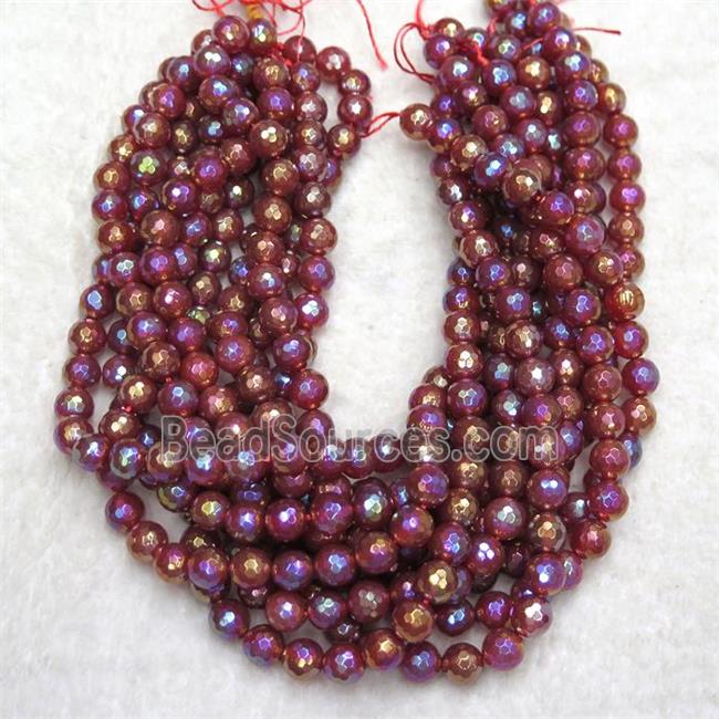 faceted round Red Carnelian Agate beads, AB color plated