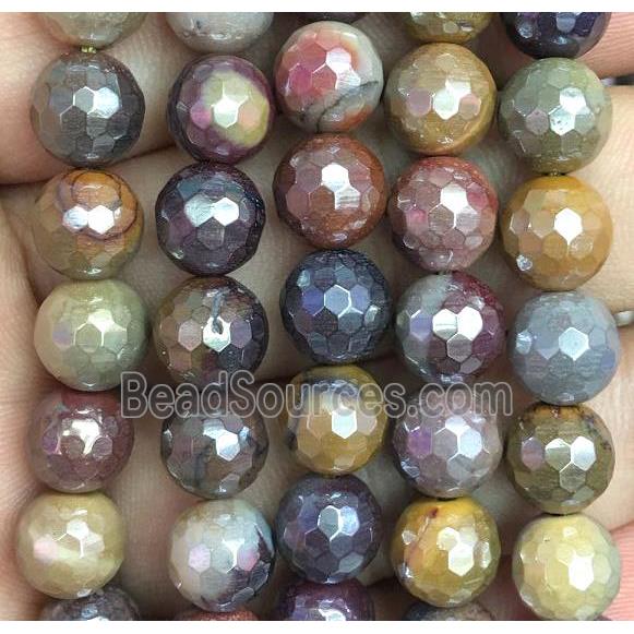 faceted round Mookaite beads, light electroplated