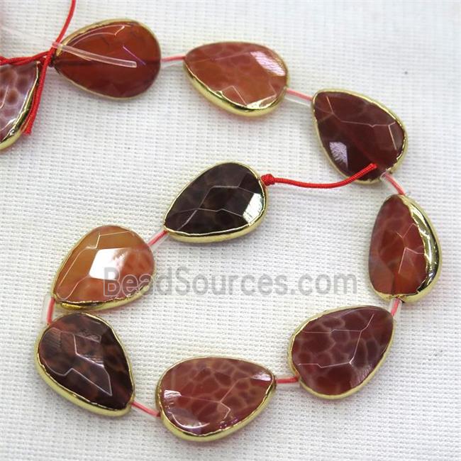 ruby fire agate beads, faceted teardrop, gold plated